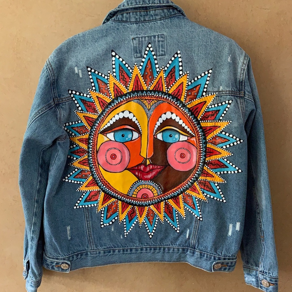 Hand painted Mexican sun denim jacket